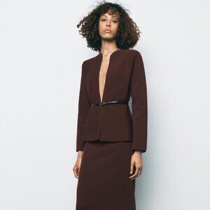 Zara Smooth Knit Belted Jacket – Brown, Size Large, Elegant Minimalist Style NWT